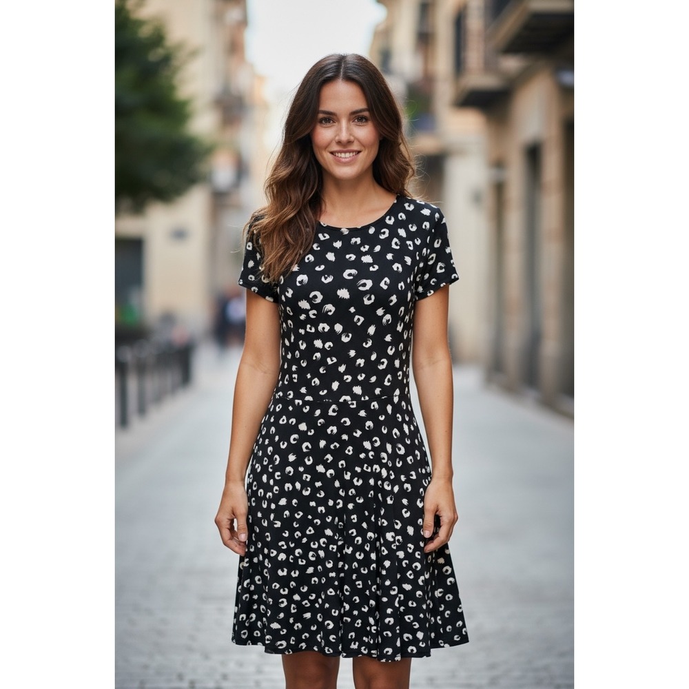 Gilli Made in USA Black and White Print Short Sleeve Casual Dress Size Small